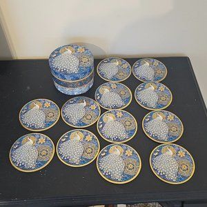 12 Round Blue and Gold Peacock Coasters with Holder by Punch Studio EUC